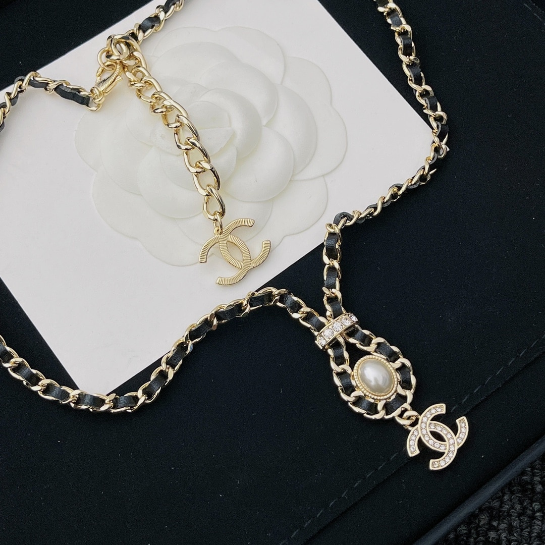 Chanel CC Necklace Leather Chain Pearl Crystal Drop Choker Gold Tone Black - Image 3