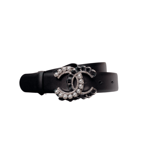 Chanel Belt With Pearls And Cc Logo Silver Tone Metal Belt Black 28Mm