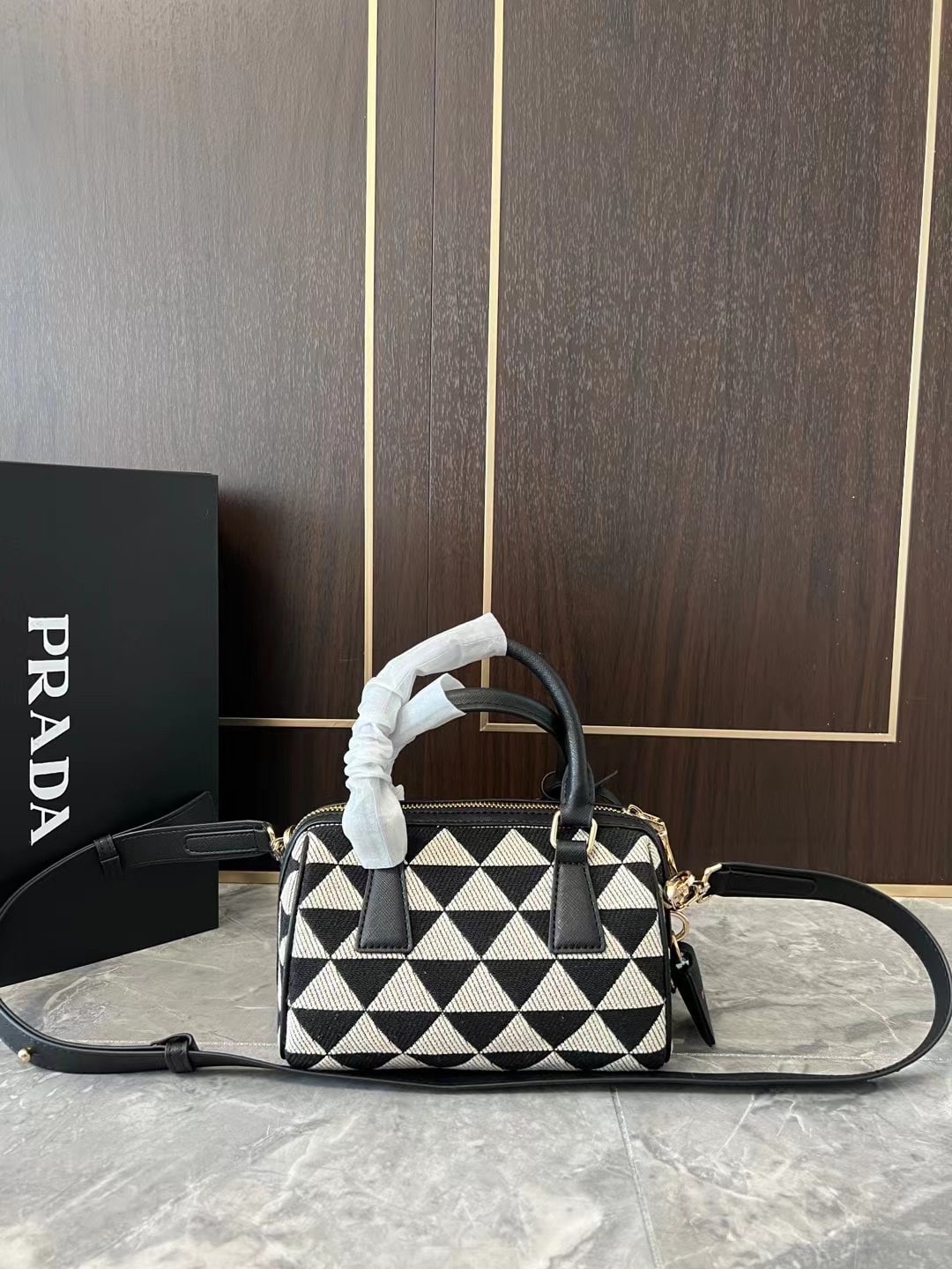 Prada Symbole Embroidered Fabric Top Handle Bag Black 20Cm 1Bb846 2Fkl F0Y30 V Xoo - Image 3