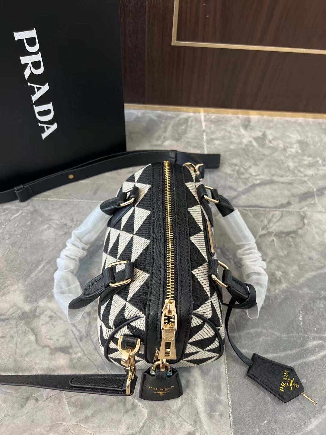 Prada Symbole Embroidered Fabric Top Handle Bag Black 20Cm 1Bb846 2Fkl F0Y30 V Xoo - Image 6