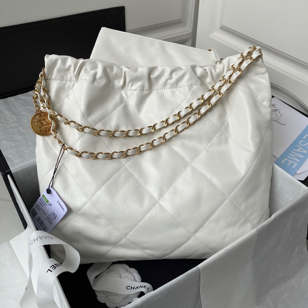 Chanel 22 Handbag Shiny And Gold Tone Metal White 42Cm AS3261 - Image 8