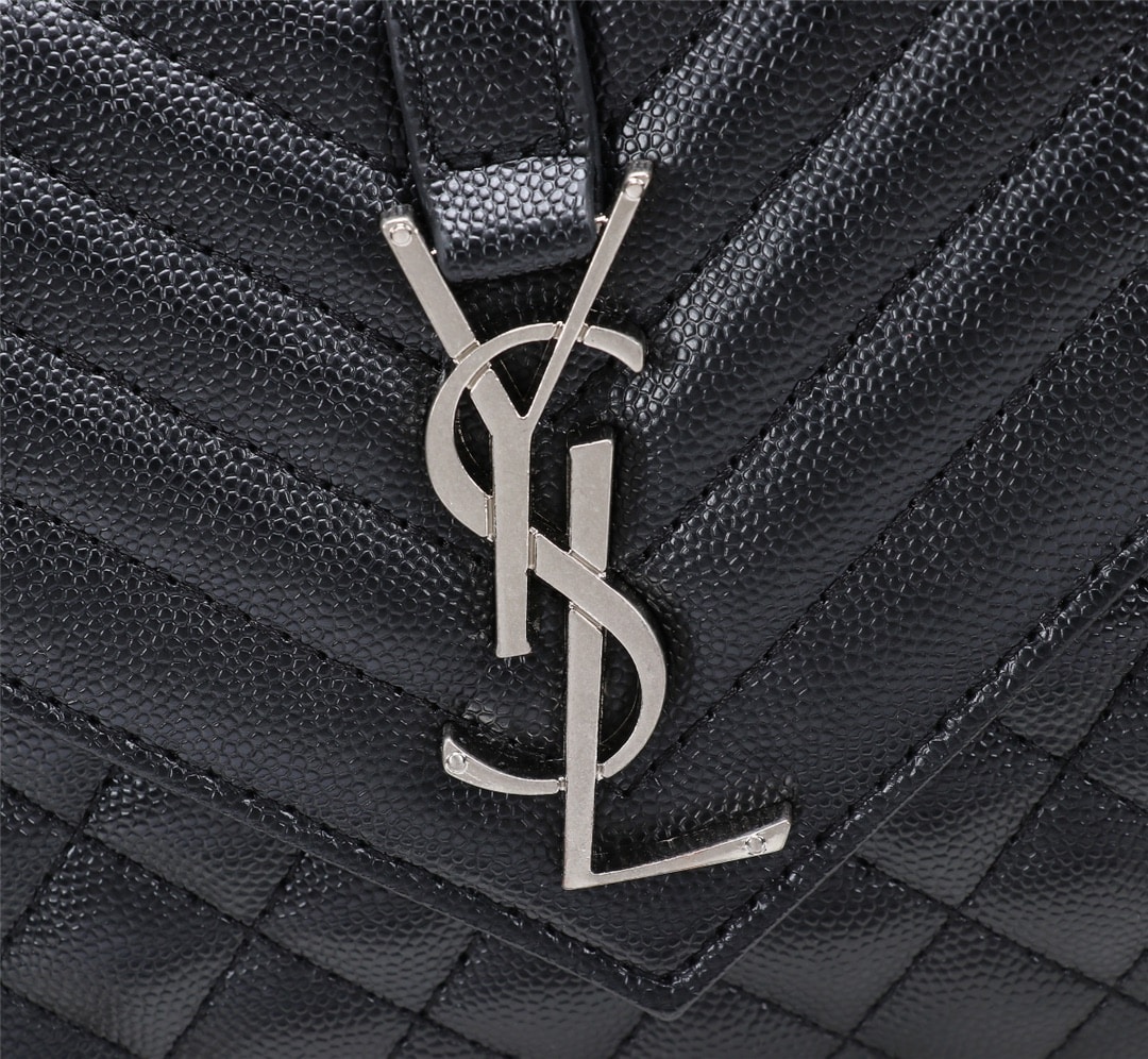 Saint Laurent Envelope Small In Quilted Grain De Poudre Embossed Leather Black Silver 21cm 600195BOW921000 - Image 9