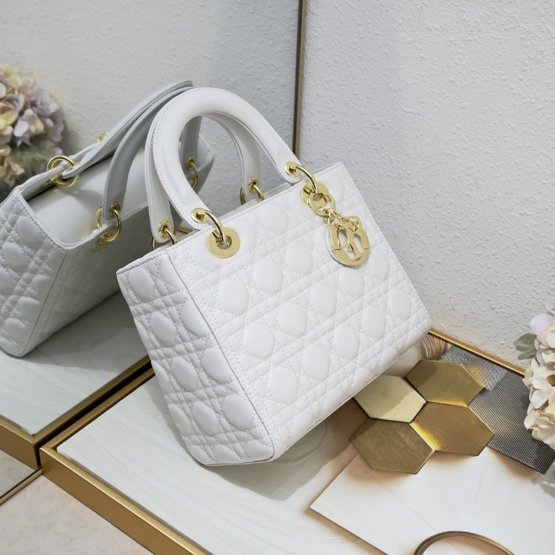 Dior Medium Lady Dior Bag Gold Hardware White 24cm M0565ONGE M030 - Image 3