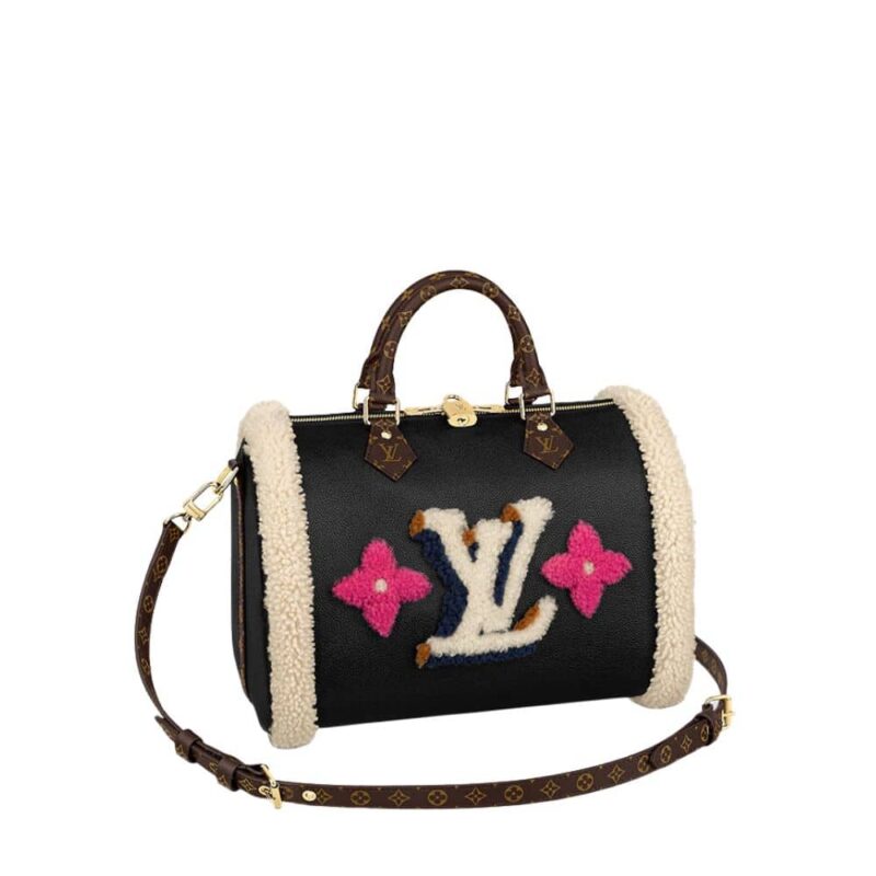 LOUIS VUITTON SHEARLING MONOGRAM SPEEDY BANDOULIERE BAG BLACK 30CM