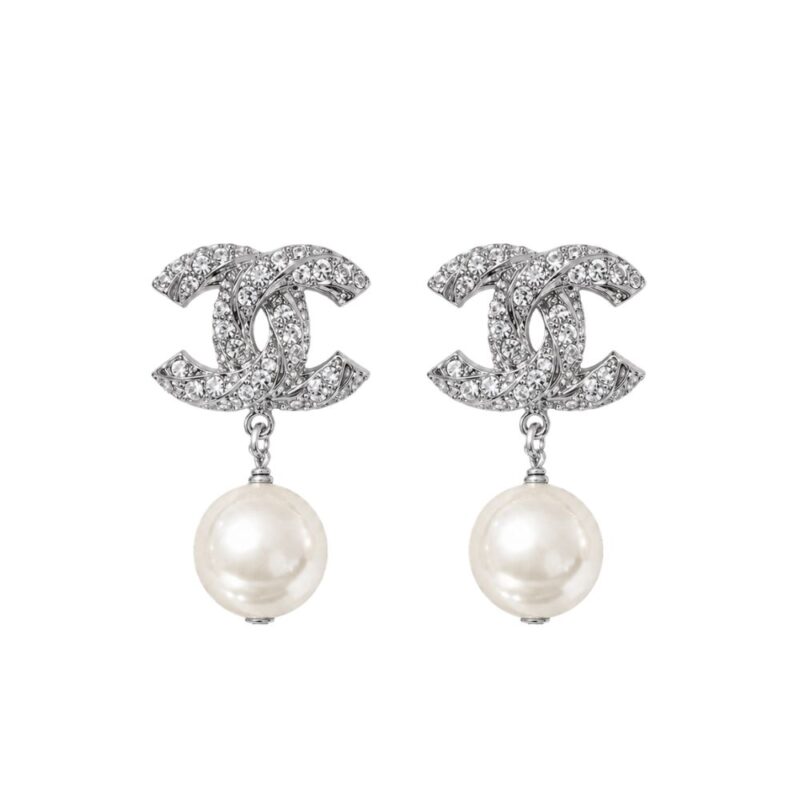 Chanel Cc Pearl Dangle Earrings Silver