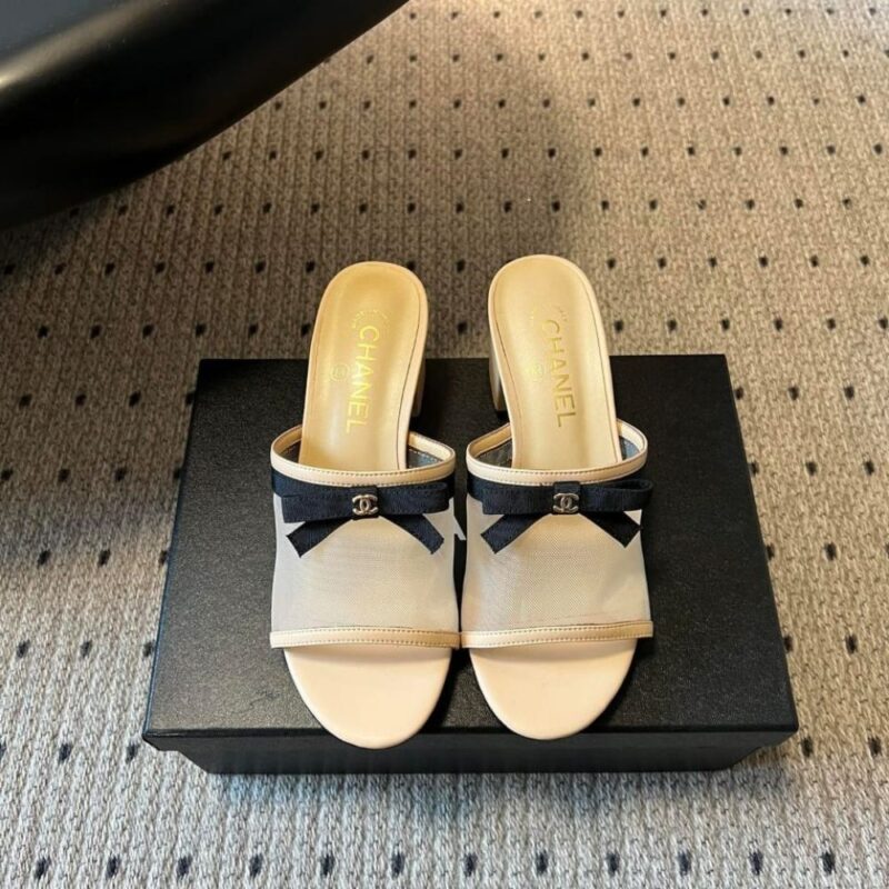 Alternative view of Chanel Mesh Bow Block Heel Mules Beige And Black