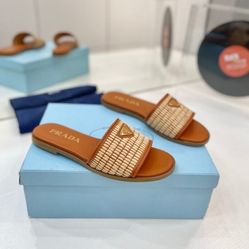 Alternative view of Prada Leather Slides With Crochet Details Cognac Brown