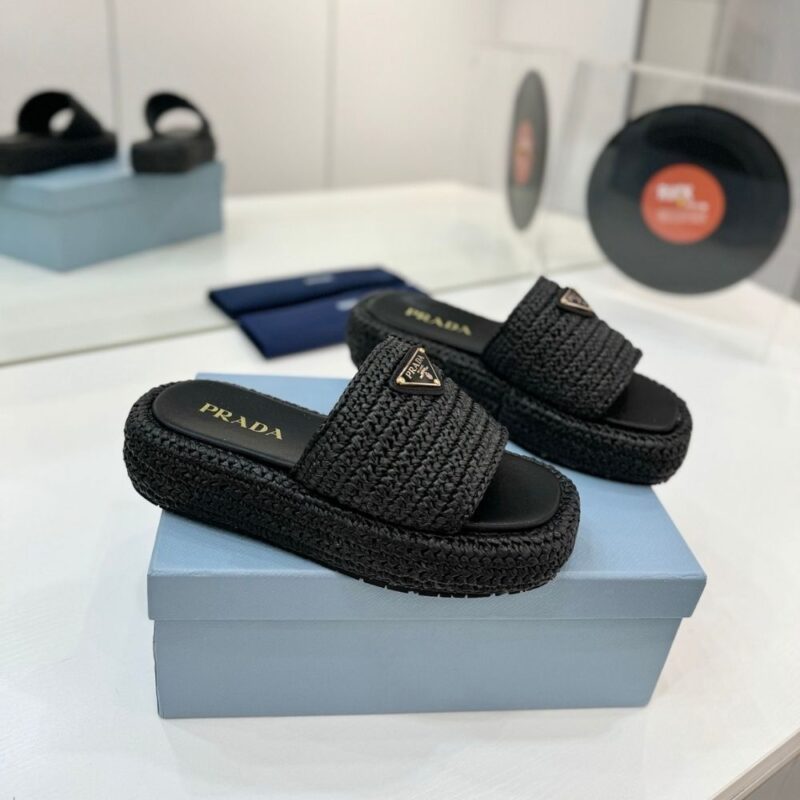 Alternative view of Prada Natural Crochet Flatform Slides Gold Hardware Black