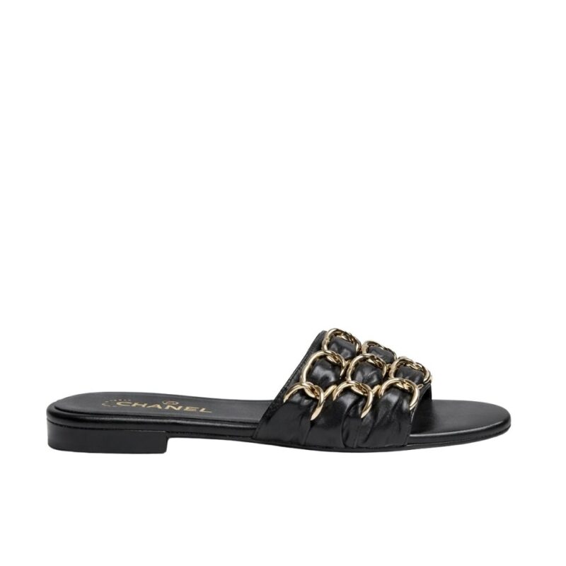 Chanel Slide Sandals Gold Chain Black