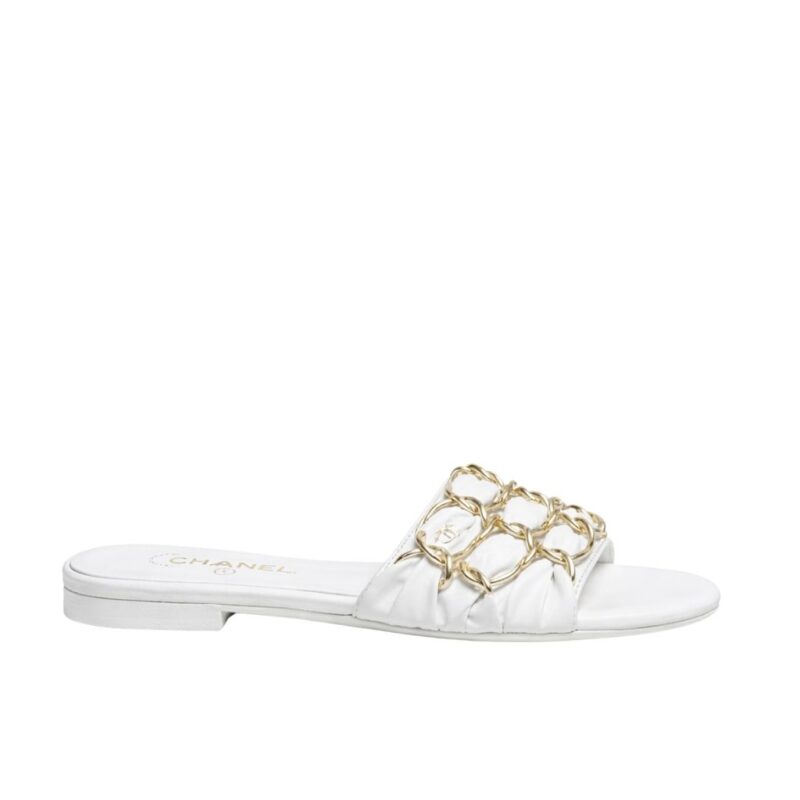 Chanel Slide Sandals Gold Chain White