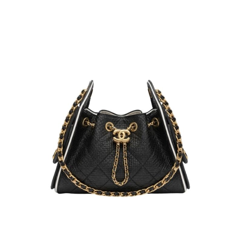 Chanel 25 Small Handbag Braided Raffia Black And White 20Cm