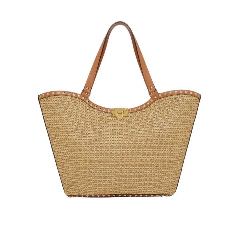 Valentino Garavani Rockstud Woven Raffia Tote Bag Natural 31cm 4W2B0N30MZI YHN
