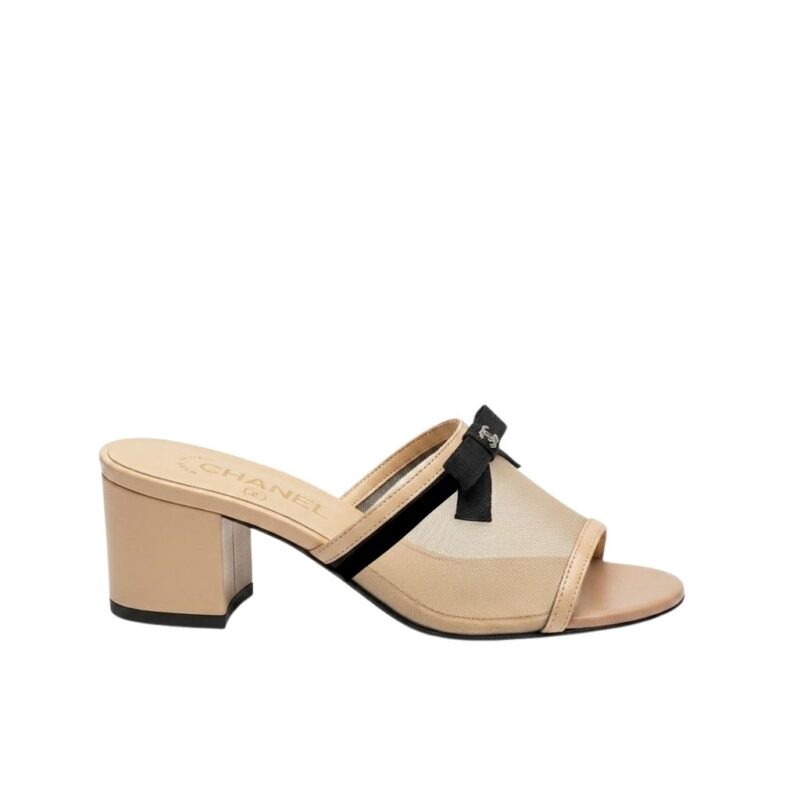 Chanel Mesh Bow Block Heel Mules Beige And Black