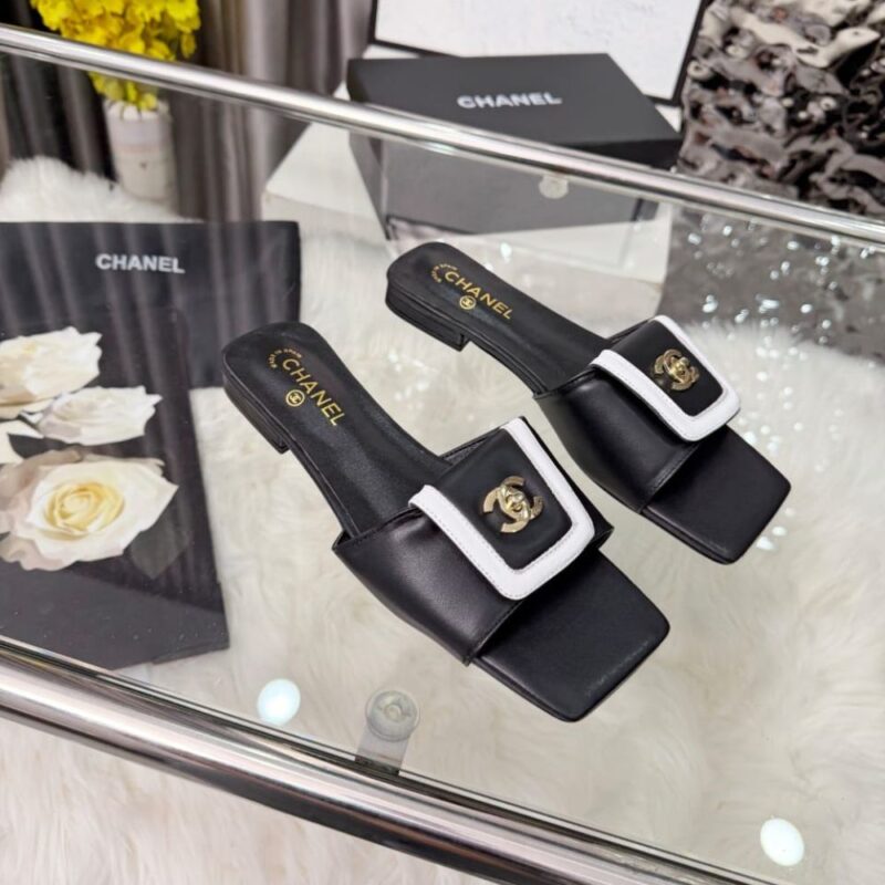 Alternative view of Chanel Leather Mules With Signature CC Logo Black and White