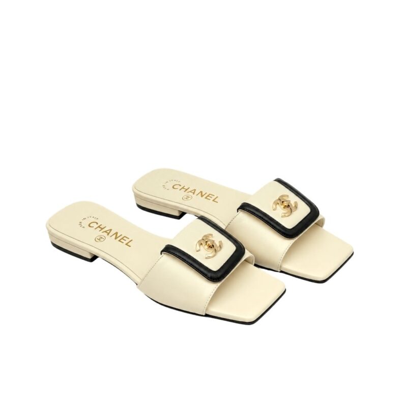 Chanel Leather Mules With Signature CC Logo Cream And Black