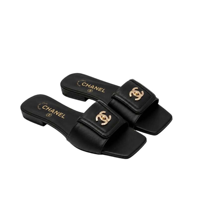 Chanel Leather Mules With Signature CC Logo Black