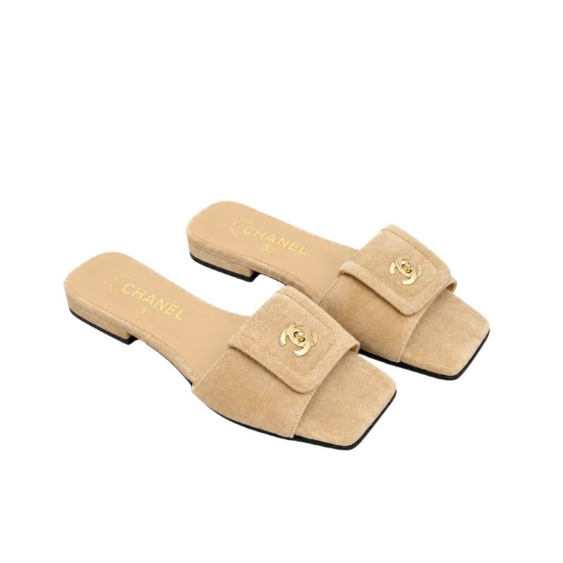 Chanel Suede Mules With Signature CC Logo Beige