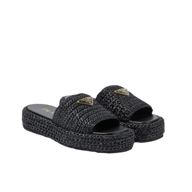 Prada Natural Crochet Flatform Slides Gold Hardware Black
