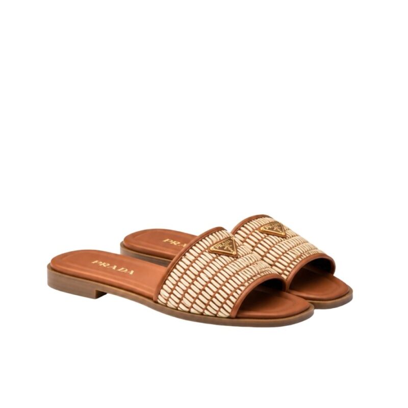 Prada Leather Slides With Crochet Details Cognac Brown
