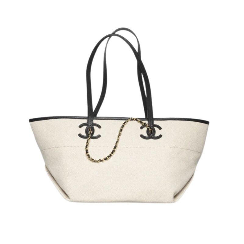 Chanel Small Tote Canvas & Gold Tone Metal Ecru & Black 45 cm AS6285 B24238 U9414